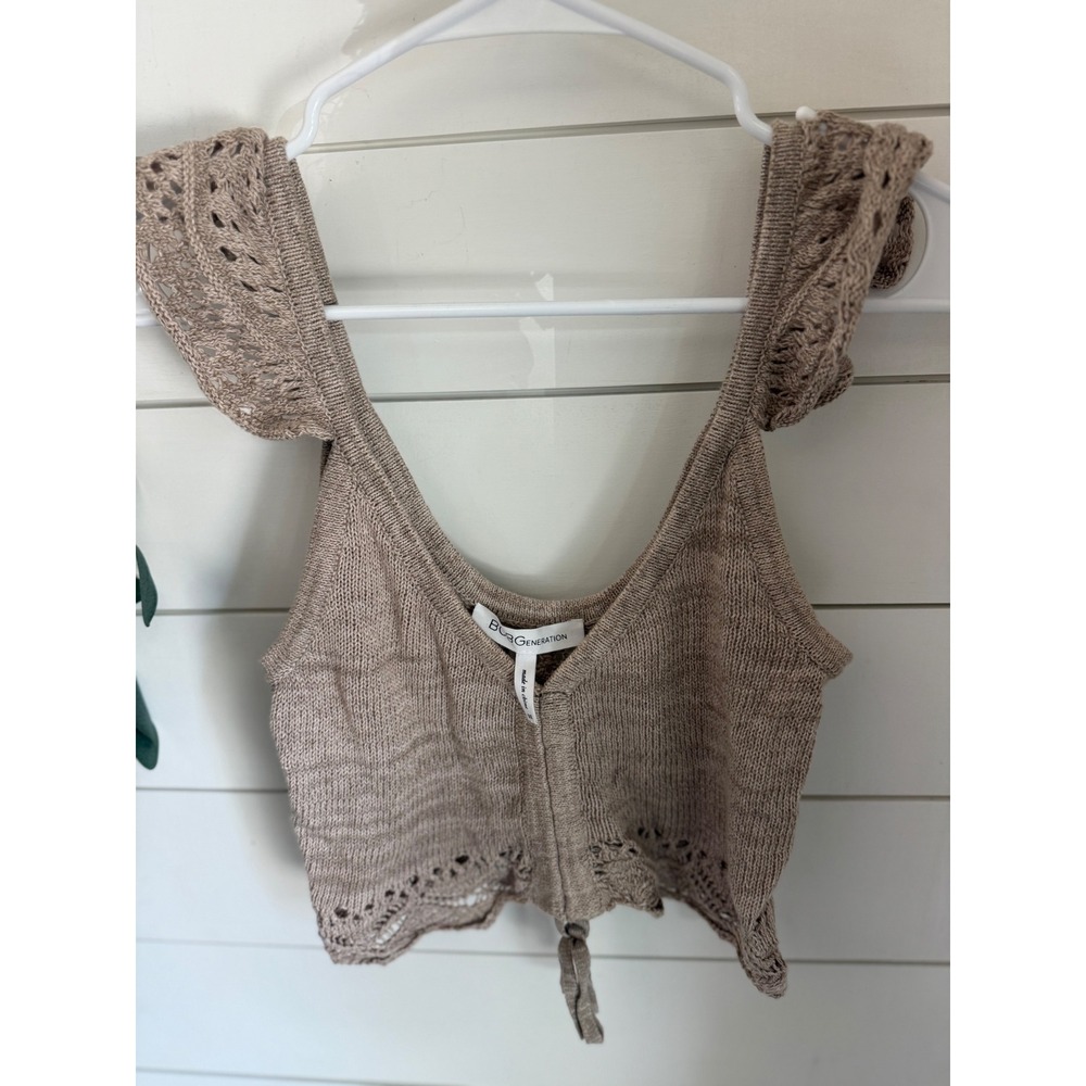BCBGeneration Taupe‎ Knit Crop Top Ruffle Sleeve Pointelle Boho XXS
